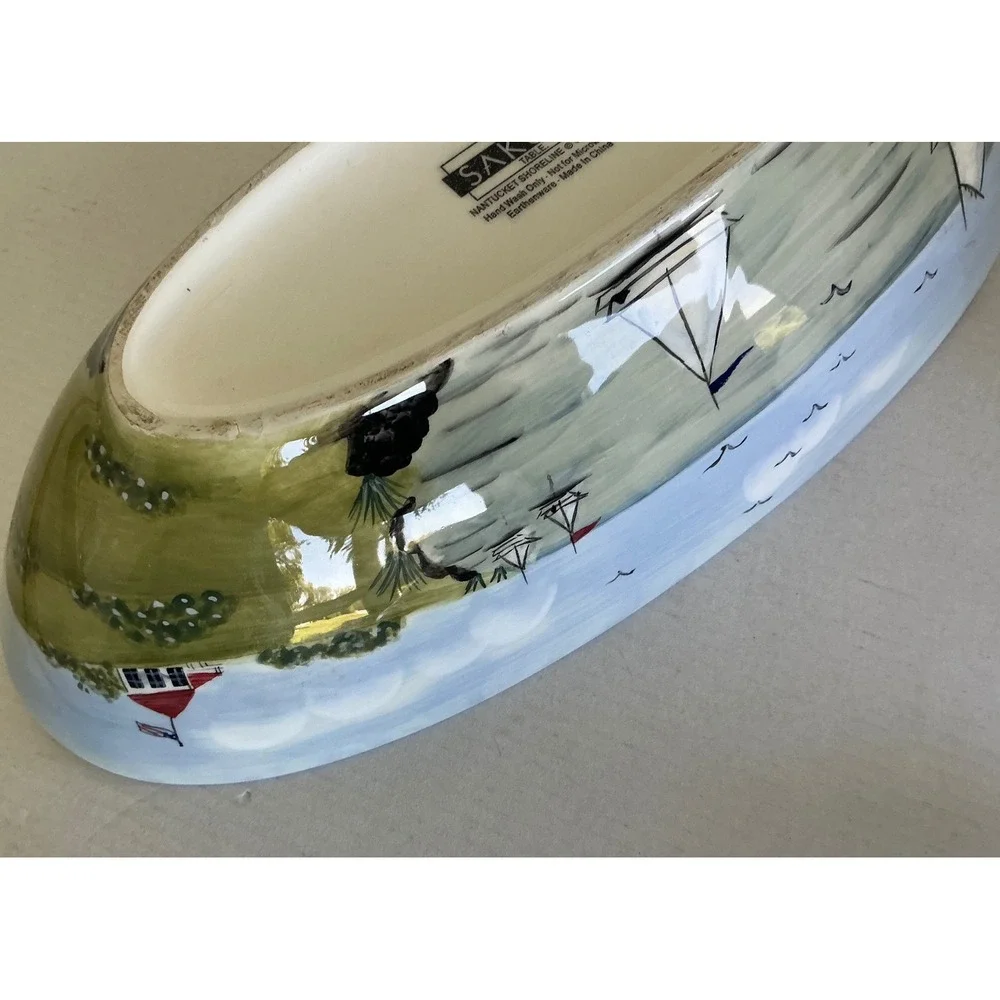 Sakura Nantucket Shoreline Oval Serving Bowl Sailboat Lighthouse Coastal‎ 12.5in